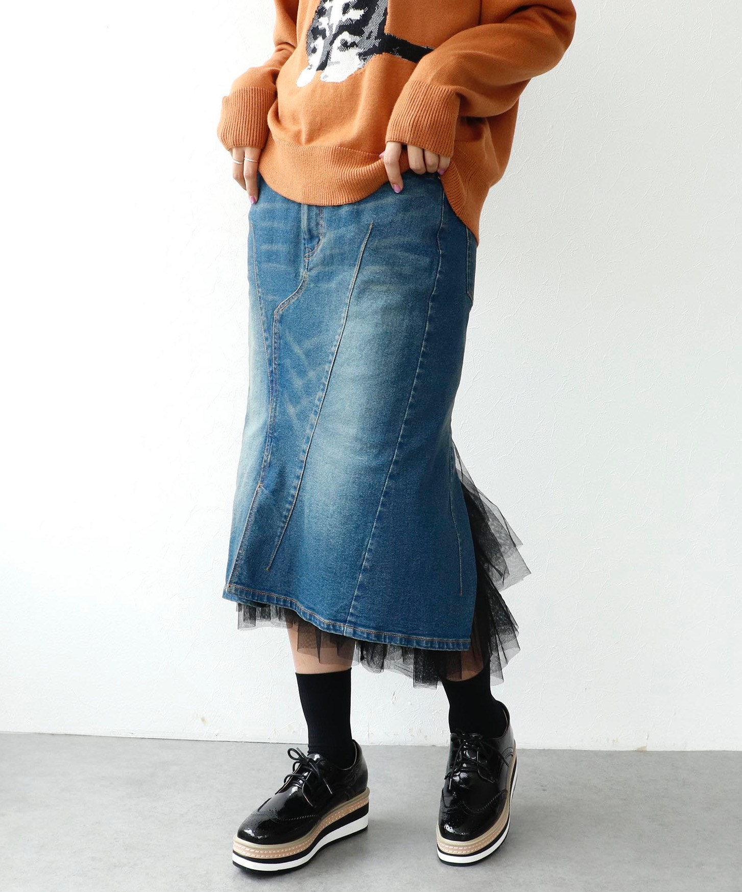 🟦チュールデニムスカート🟦｜スリーフォータイム｜ショップ
