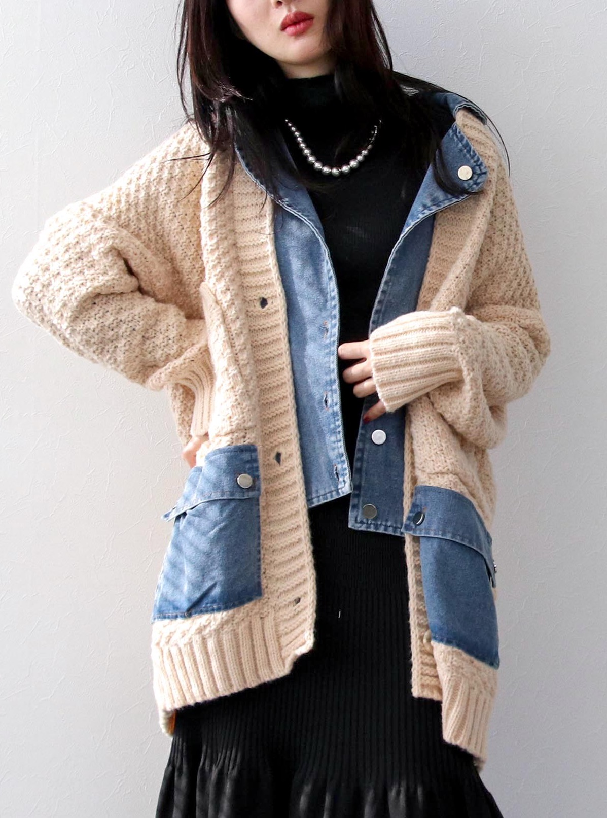 新品ダイアグラム　ニットコンビデニムジャケット デニムジャケットレイヤード風ニットカーディガン｜スリーフォー