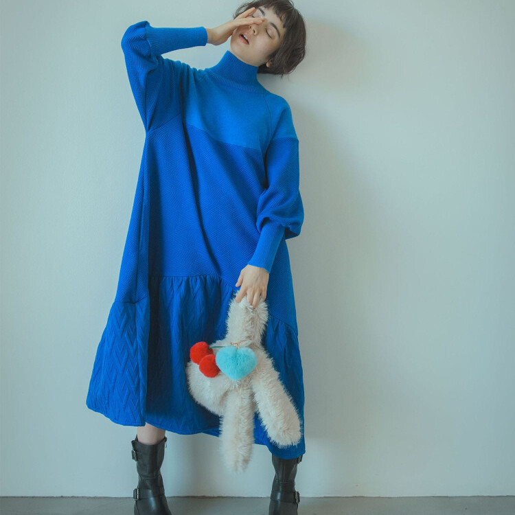 膨れジャガード柄MIXニットワンピース