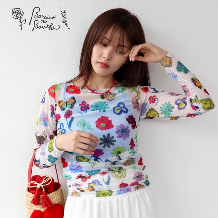 🌹【バラ色の帽子コラボ】プリントシアートップス🌹