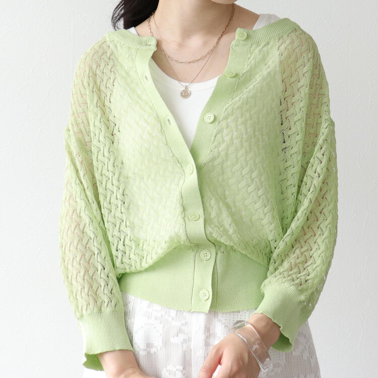 地柄シアー6分袖カーディガン