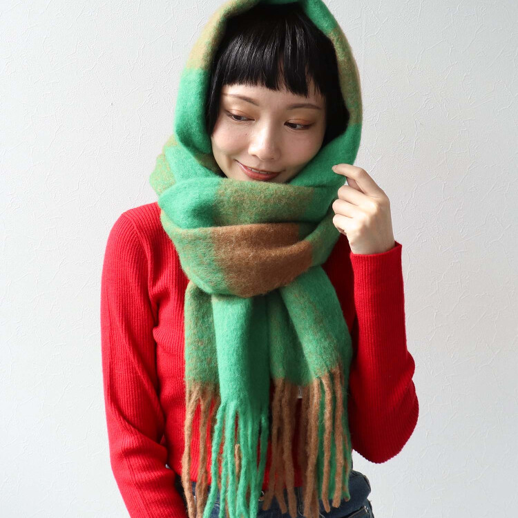 ブロックチェックフリンジマフラー